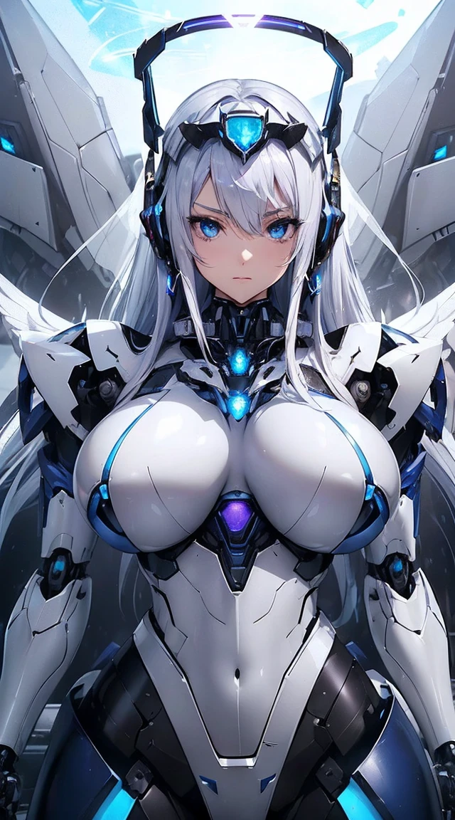 ((Intense action pose:1.6))、((Shining lenses on both breasts:1.3))、((Blue pillars of light are emanating from both chests.:1.3))、smile、((8k)), ((32k)), ((Highest quality)), ((masterpiece)), ((超A high resolution)), ((Tmasterpiece)), ((halo:1.4))、((Mechaニカルheadgear:1.2))、((Cyber headphones:1.3))、Fine skin, High quality fabric, Fine metal texture、((Beautiful and dense face))、RAW Photos、Professional, Ultra-fine painting, ((alone)), Beautiful breasts、Highest quality, Very detailed, Very detailed詳細, Finer details, so beautiful, ((Princess Knight Robot:1.2)),  (Joints of machines, Mechanical Limbs:1.3), (The internal structure of the machine is exposed:1.3), (Long silver hair:1.1), (Beautiful and huge mechanical breasts)、White Veil, cowboy_shot, Side Focus, headgear, Shiny、(Five Fingers, Four fingers and thumb),Concept Art, Anime fantasy artwork, Detailed fantasy art, (with pale blue-violet hair and large white wings,,,,,,,), (((Long silver hair))), (Mecha:1.6)、Sleek and intimidating design, ((Commander-in-Chief&#39;arm)), (Perfect robot body)、純白と青紫armまたは, Symmetrical wings, 8K high quality, detailed art, 3D rendering of character art in 8K, neat legs, Defined, Defined fingers,