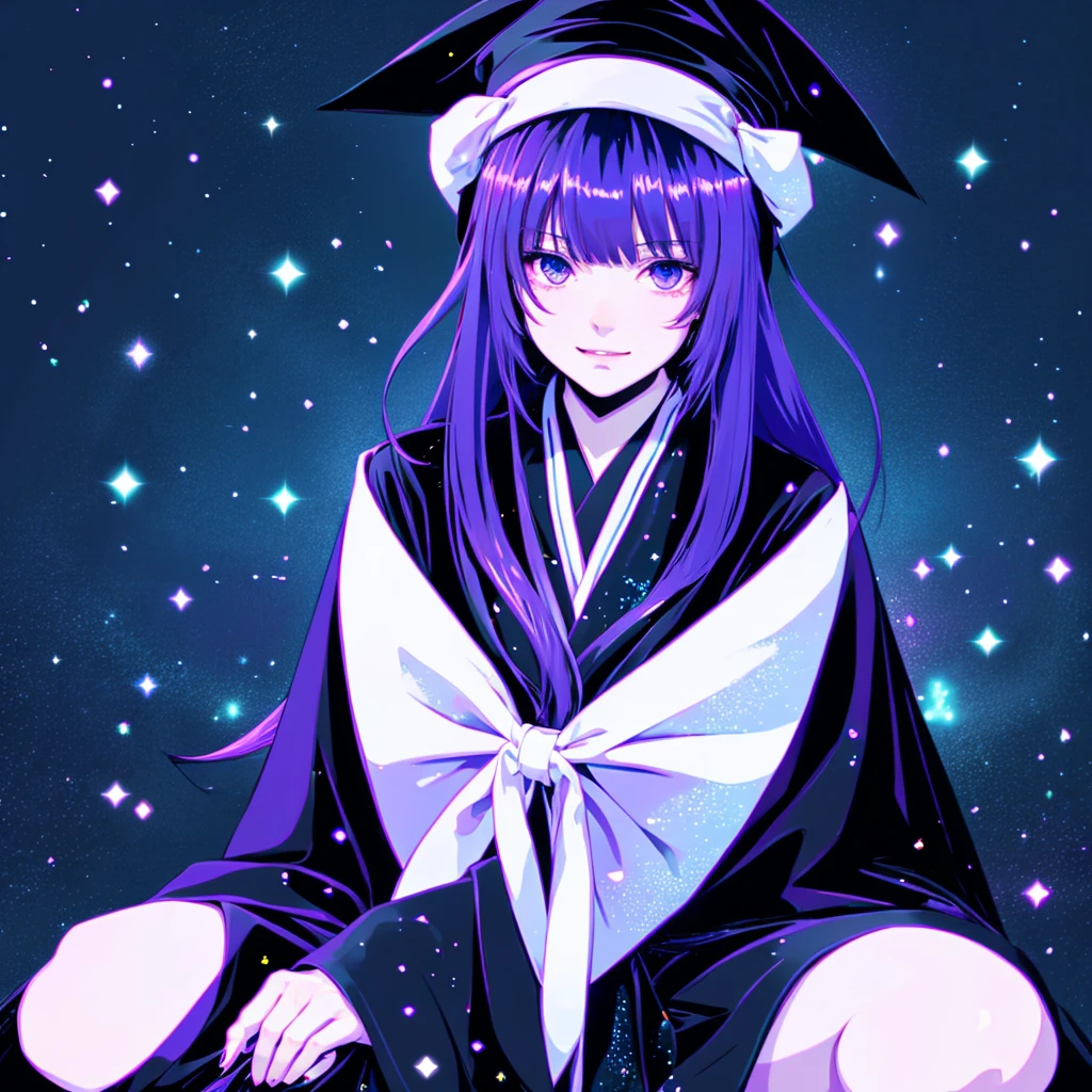 anime girl long purple hair wearing a black Robe. she has pointy ears. Witch Hat. Manga kawaii. iridescent ,An illustration, Sitting position, white background