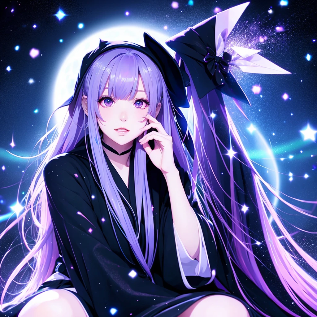 anime girl long purple hair wearing a black Robe. she has pointy ears. Witch Hat. Manga kawaii. iridescent ,An illustration,  Sitting position, white background