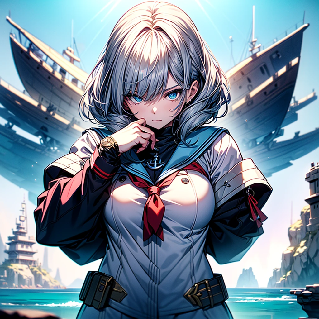 1girl、The best dynamic composition、hbyxcj, scenery、(((最high quality、最高masterpiece、Super detailed、Official Art、The best dynamic composition)))、Anime Style、Dynamic pose、Dynamic composition、whole body,masterpiece, 最high quality, high quality, Very detailed CG uniform 8k wallpaper, arm written depth, High resolution, bloom, chromatic aberration, realism, Very detailed, Art Station Complex, High detail, dramatic、Huge⚓、anchor、In a white sailor suit、Light blue line、Sailor、Gray hair and light blue gradient hair color、Sparkling、The glow of the sea is reflected、Disorganized、Fantasy、Fantasy、 long sleeves,  fingerless gloves, (White background)、