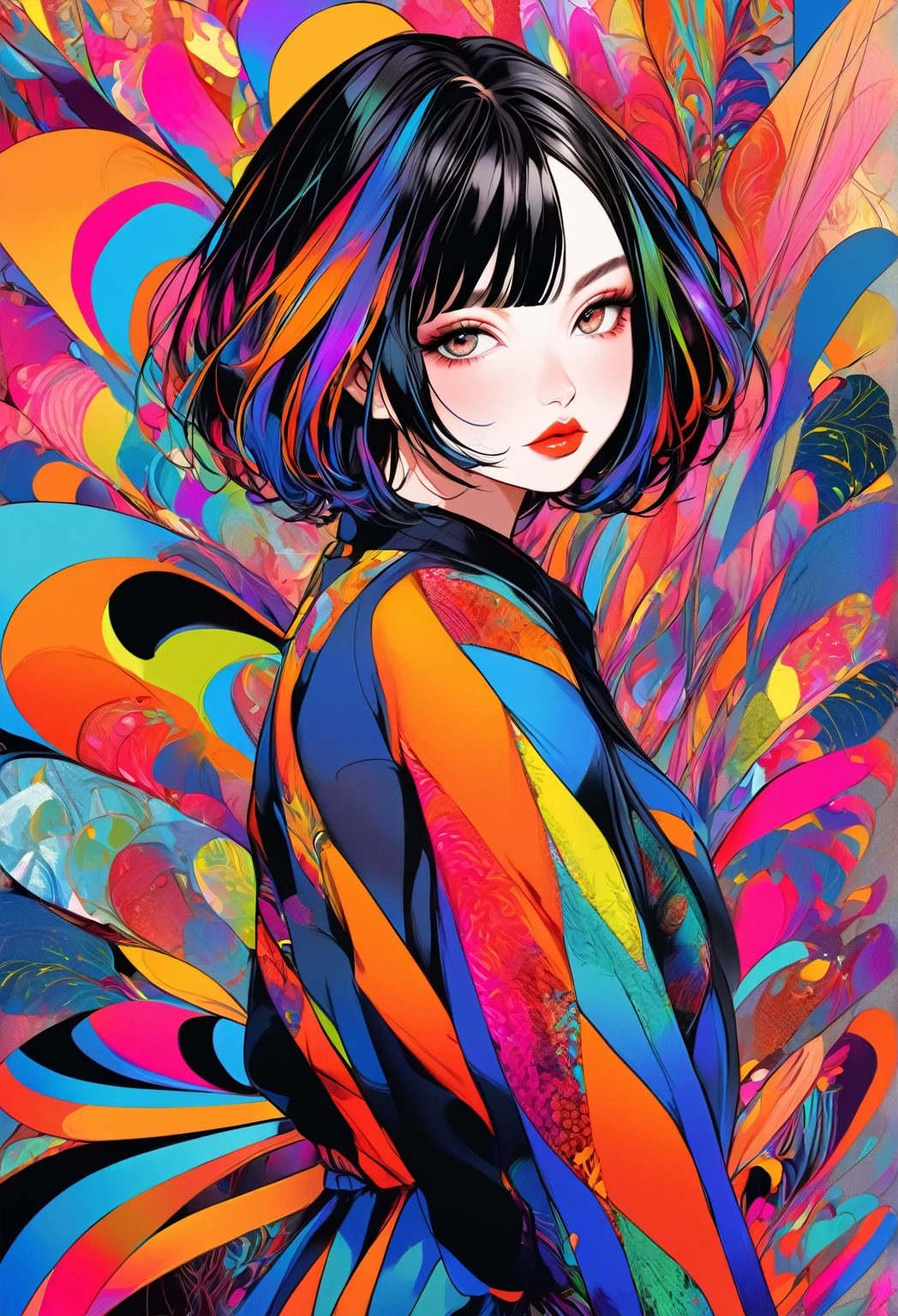masterpiece, highest quality, 16k, unbelievably absurd, very detailed, perfect beauty, beautiful cute girl, in a beautiful pose, modern sauvage bob hair, through bangs, vibrant colors illustration