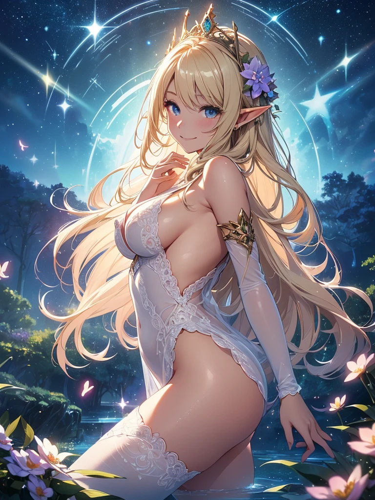 最high quality、Beautiful starry sky at night、1 woman elf 、Bathing、waterfall、CourtyardShining fairy wings、NP: Worst quality ,Flower fractal art Wet、Being in the water、see-throughbodystocking,Beautiful side shot, radiance,High-definition depiction, Realistic, 8k, Unity, Wide Shot, light smile, Beautifully and vividly drawn, , Beautiful, beautiful, clear skin、sexy see-through bodystocking,Countless rays of light pouring down, Swirling Light, big background, Raise one arm above your head, Intense light is emitted from the magic circle in front of the girl. forest、Lots of leaves、Green leaves、flower、Particles of light、((starry night))Particles of light、Galaxies in the universe、Star Marble Pillars、Elf Town Romanticism,Cowboy Shot: The most beautiful form of chaos, Mr..々color, Intertwined flowers, Particle,magical gentle light,smile,sexy,image quality、masterpiece、Beautiful Face、Super beautiful elf woman((Big breasted 22 year old office lady、Nipples、Bust 100,Beautiful long ironed hair 、Blonde hair,height: 165cm。、sexy、Esbian、、high quality、、background((Star Narski)))、Starry Sky、Visual art、Written boundary depth、、Elf Ears、、universe、Happy smile、Gentle light、Elf forest、elegant、ticker beautiful decorative、、magic、forest、Beautiful tiara、Beautiful bed、Beautiful Landscape、A kind smile、wonderful、Fluttering petals、Dance happily、、Cultivate fantasy、、Mystery light Lots of flowers、、art、forest, palace, art,mystery,Ultra-high resolution,atmosphere、moon