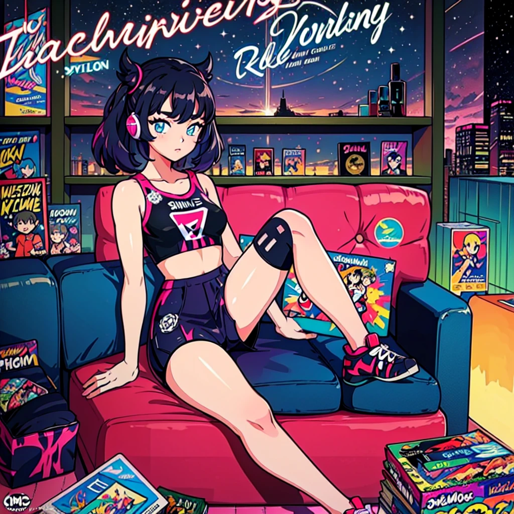 (masterpiece), Highest quality, Expressive eyes, Neon pastel aesthetics, Retro 90s, Neon color,((Girl sitting on sofa,In a cozy room,Records hanging on her wall, Comic books on the floor, Looking out the window behind her at the night city, Upholstered room, Anime figures lined up on a shelf)), Wearing headphones, (All around her it sparkles), (wearing thick colorful sneakers), (blue eyes), (Soft look), (Synthwave Art Style), Colorful Hair, Desk with PC set up