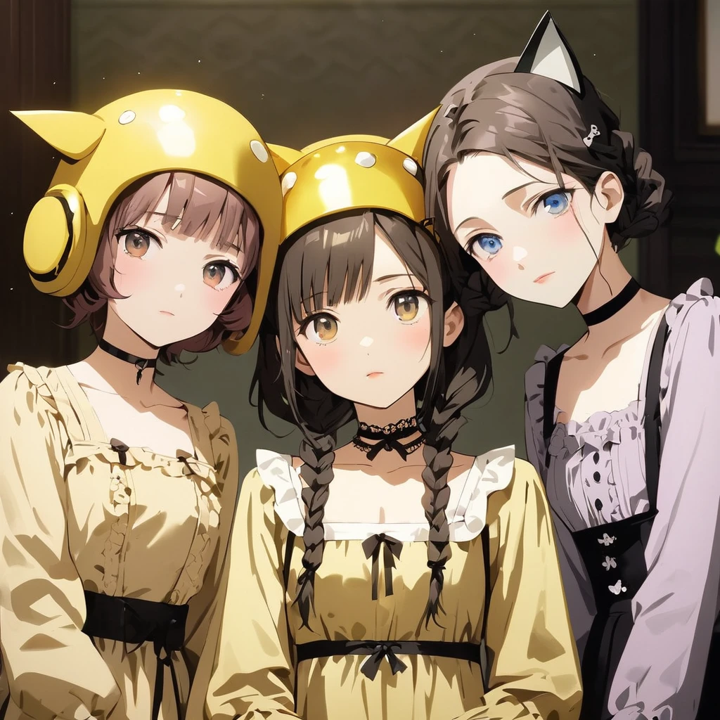 (Cute 3girls:1.5), (first girl with closs hair pin,pale purple hair,wavy two braids,bluntbangs hair,green and black eyes,
pink shirt,cosplay, jirai kei, bangs, black skirt, black bow, looking at viewer, bow, long sleeves, choker, ribbon,pink lips, :1.4),BREAK,(second girl with a short brown haircut wearing a yellow helmet, cat ears on the helmet, brown eyes, a yellow dress:1.3), BREAK,(third girl with black long hair, blue eyes,wearing a sheep's headgear:1.3), BREAK, (masterpiece:1.3), anime visual, (Lovey-dovey:1.5), (tilt head:1.3), extremely delicate face, soft clean focus, realistic lighting and shading, (an extremely delicate and beautiful art:1.3), elegant, (muted colors:1.1), the three of them drinking tea together, a cake stand between them,