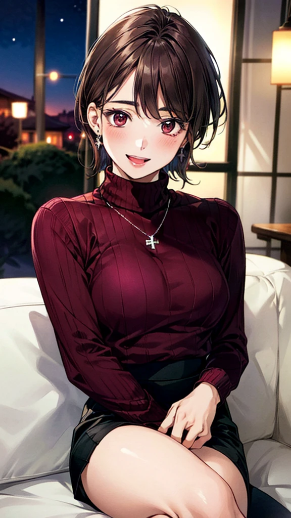(masterpiece:1.3, Highest quality, Ultra-high resolution, Super detailed), (Realistic, photoRealistic:1.4), Beautiful illustrations, Perfect lighting, colorful, Depth of written boundary,
Beautiful detailed hair, Beautifully detailed face, Beautiful fine details, Beautiful clavicle, Beautiful body, Beautiful breasts, Beautiful thighs, Beautiful feet, Beautiful fingers,
View Viewer, Front view:0.6, 1 girl, Japanese, Female college student, Perfect Face, (Perfect Anatomy, Anatomically correct), Cute and symmetrical face, Baby Face, , Shiny skin,
((burgundy turtleneck sweater:1.4, skirt:1.4)),
(Brown Hair, Short Hair:1.4), Brown eyes, (Large Breasts), thin,
necklace, (Small earrings),
(Retro feel), (night), (Cafe), Sitting cross-legged on the sofa,, (smile, Open your mouth),