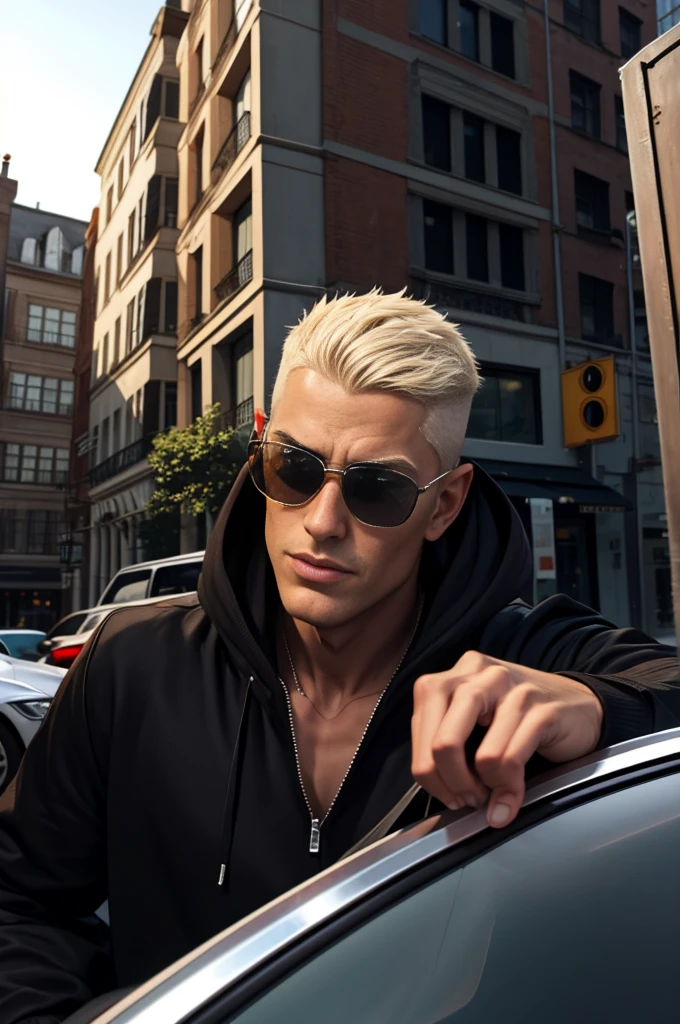 masterpiece, best quality, photo taken from canvas, which depicts 22-year-old the men is platinum blond, gorgeous, attractive, with a neckline, in a black hoodie, (bad guy) (short haircut) (long platinum hair), ((black sunglasses)) driving down the street in a BMW, he is driving and looking straight at his love, who is standing on the sidewalk and looking back at him. The pictures was taken from the sidewalk. blonde-men