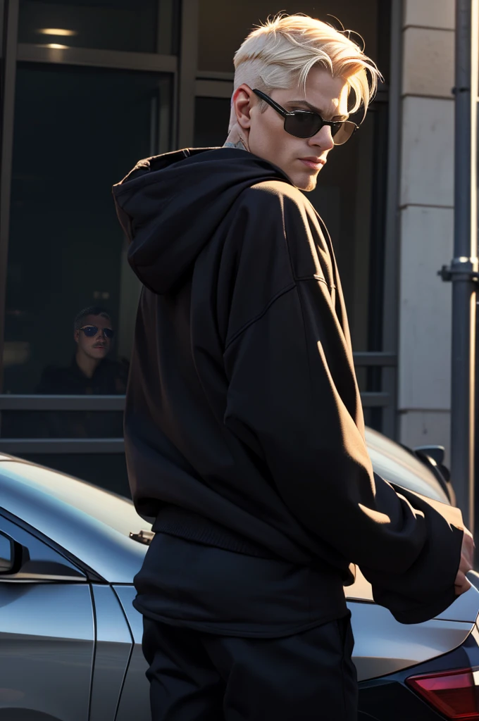 masterpiece, best quality, photo taken from canvas, which depicts 22-year-old the men is platinum blond, gorgeous, attractive, with a neckline, in a black hoodie, (bad guy) (short haircut) (long platinum hair), ((black sunglasses)) driving down the street in a BMW, he is driving and looking straight at his love, who is standing on the sidewalk and looking back at him. The pictures was taken from the sidewalk. blonde-men