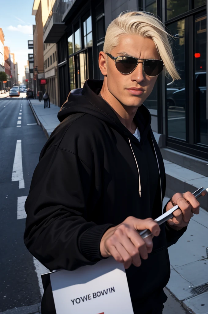 masterpiece, best quality, photo taken from canvas, which depicts 22-year-old the men is platinum blond, gorgeous, attractive, with a neckline, in a black hoodie, (bad guy) (short haircut) (long platinum hair), ((black sunglasses)) driving down the street in a BMW, he is driving and looking straight at his love, who is standing on the sidewalk and looking back at him. The pictures was taken from the sidewalk. blonde-men