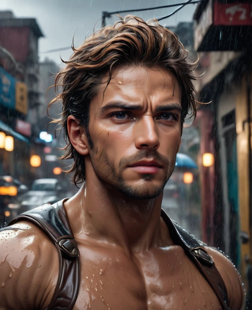 Realist:1.3,( fotorRealist, 8K, original photo, high quality, masterpiece, Epic Lighting. close up, Center image), (prospect),((1. Pretty Man,confidence,Muscle symmetry, Post-apocalyptic, Guerrero, Face and body details are perfect, (prospect), Rainy Scene, Poor lighting due to rain, My face and body were soaked by the rain,lightning lighting, Dynamic poses, beautiful fine hair, Leather))
