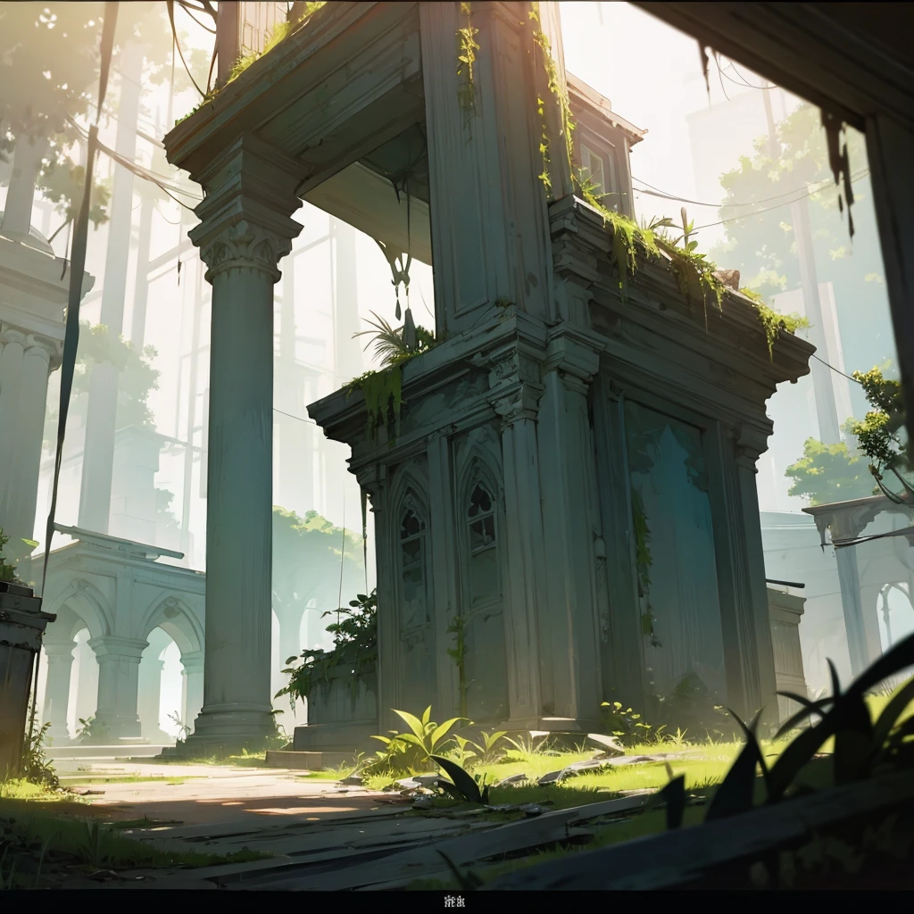 A dilapidated abandoned city on an island, overgrown with lush vegetation, crumbling buildings, intricate architecture, sunlight filtering through the trees, atmospheric mood, muted color palette, dramatic lighting, highly detailed, cinematic composition, photorealistic, 8k, masterpiece
