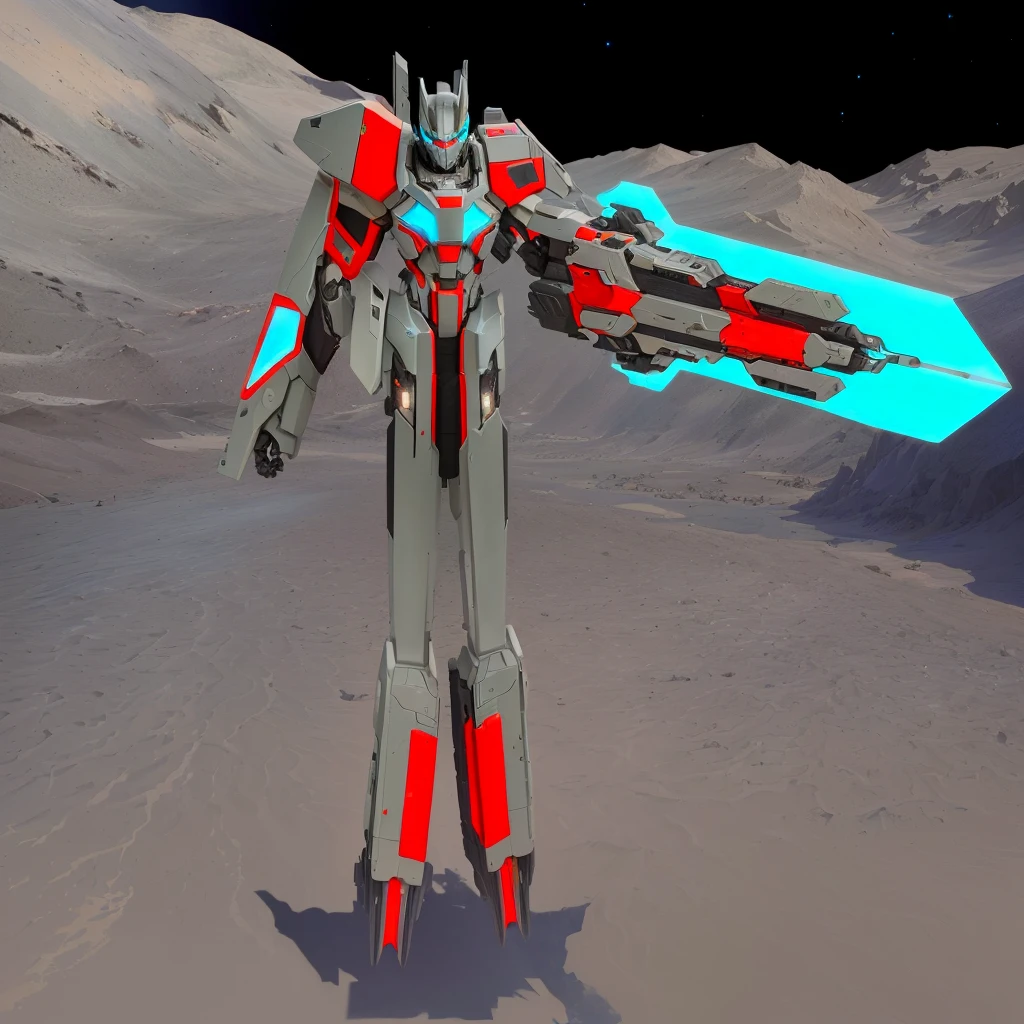 transformers, a grey colored male transformer with red inserts, symmetrically arranged red parts, on the frontof the body not transparent cabin, arms from elbows to hands look like the front part of a aircraft, wheels are visible on the shoulders, He holds a big sci-fi weapon, no helmet, light blue eyes, two legs, two arms, not a suit, on a background there is an empty dark blue metal desert, no buildings, no structures, dark blue storm clouds, light blue lightning from the clouds, blue river, river to the horizon, electrified river, light blue lightning from the river, space sky, stars in the sky, composition on the metal planet, big metalic planet, dark-blue metal, shiny metal, cybertron, mechanical planet, empty wasteland, dark blue storm clouds, light blue lightning from clouds, blue river, river to horizon, electrized river, light blue lightning from river, space sky, stars on the sky, realistic, watercolor, 4k, high quality, hight attention to details, concept art, concept art by Chris Mowry.