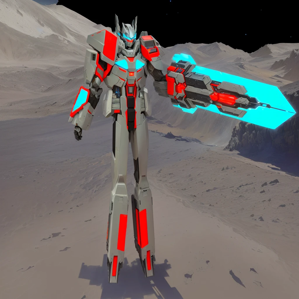 transformers, a grey colored male transformer with red inserts, symmetrically arranged red parts, on the frontof the body not transparent cabin, arms from elbows to hands look like the front part of a aircraft, wheels are visible on the shoulders, He holds a big sci-fi weapon, no helmet, light blue eyes, two legs, two arms, not a suit, on a background there is an empty dark blue metal desert, no buildings, no structures, dark blue storm clouds, light blue lightning from the clouds, blue river, river to the horizon, electrified river, light blue lightning from the river, space sky, stars in the sky, composition on the metal planet, big metalic planet, dark-blue metal, shiny metal, cybertron, mechanical planet, empty wasteland, dark blue storm clouds, light blue lightning from clouds, blue river, river to horizon, electrized river, light blue lightning from river, space sky, stars on the sky, realistic, watercolor, 4k, high quality, hight attention to details, concept art, concept art by Chris Mowry.