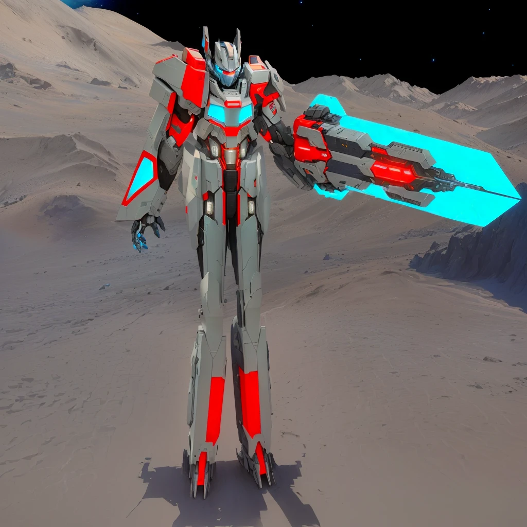 transformers, a grey colored male transformer with red inserts, symmetrically arranged red parts, on the frontof the body not transparent cabin, arms from elbows to hands look like the front part of a aircraft, wheels are visible on the shoulders, He holds a big sci-fi weapon, no helmet, light blue eyes, two legs, two arms, not a suit, on a background there is an empty dark blue metal desert, no buildings, no structures, dark blue storm clouds, light blue lightning from the clouds, blue river, river to the horizon, electrified river, light blue lightning from the river, space sky, stars in the sky, composition on the metal planet, big metalic planet, dark-blue metal, shiny metal, cybertron, mechanical planet, empty wasteland, dark blue storm clouds, light blue lightning from clouds, blue river, river to horizon, electrized river, light blue lightning from river, space sky, stars on the sky, realistic, watercolor, 4k, high quality, hight attention to details, concept art, concept art by Chris Mowry.