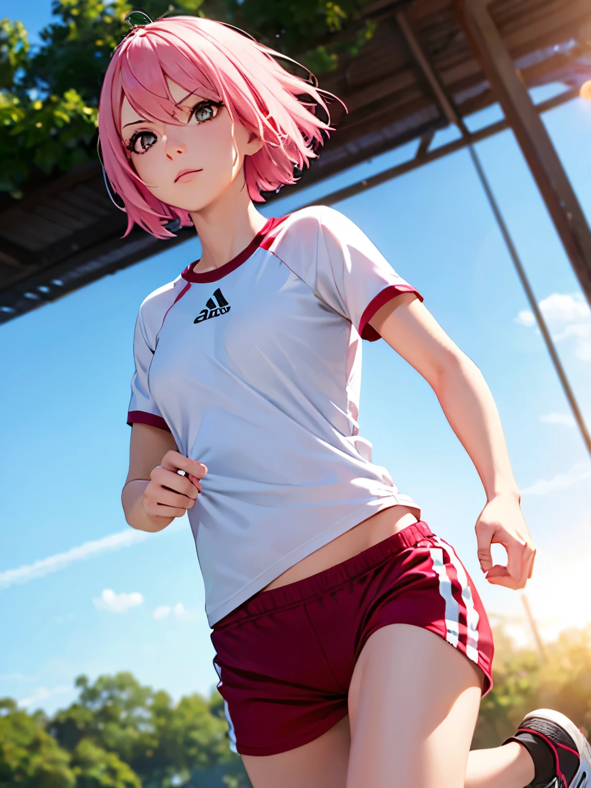 1 woman,Pink hair,short hair,White sports t-shirt, red sports shorts,gray eyes,Running at the training ground, early morning, bright sun, ultra detail,half body photo,