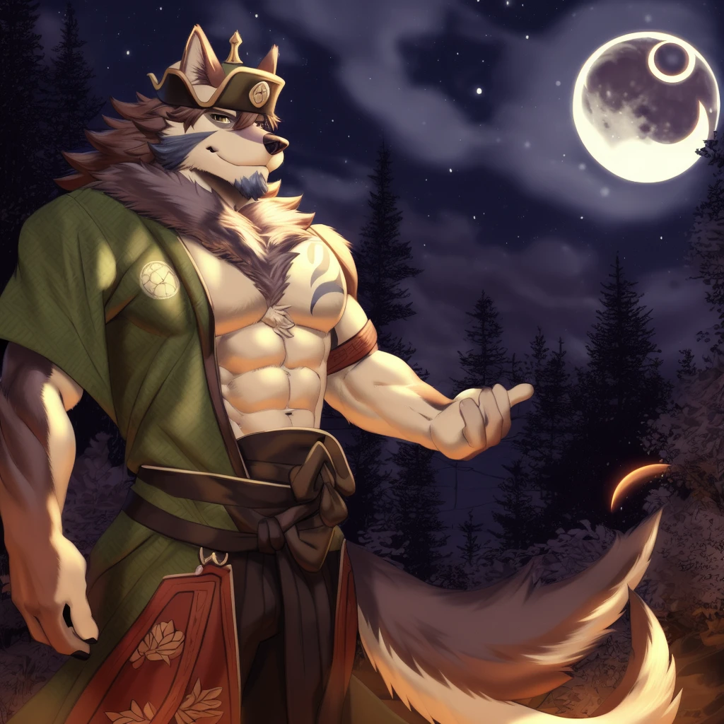 temujin, solo, mature male, bara, muscular male, wolf tail, smile, (pose:1.3), (posing:1.3), (soft shading), 4k, hi res, ((detailed face, (detailed eyes:1.0), detailed)), (full body), by zackarry911, by zaush, (by personalami:0.5), looking at viewer, 1boy, navel, upper body, male focus, japanese clothes, open clothes, fang, kimono, stomach, from side, night, abs, moon, open kimono, bare pectorals, crescent moon, green kimono, hadanugi dousa, tusks