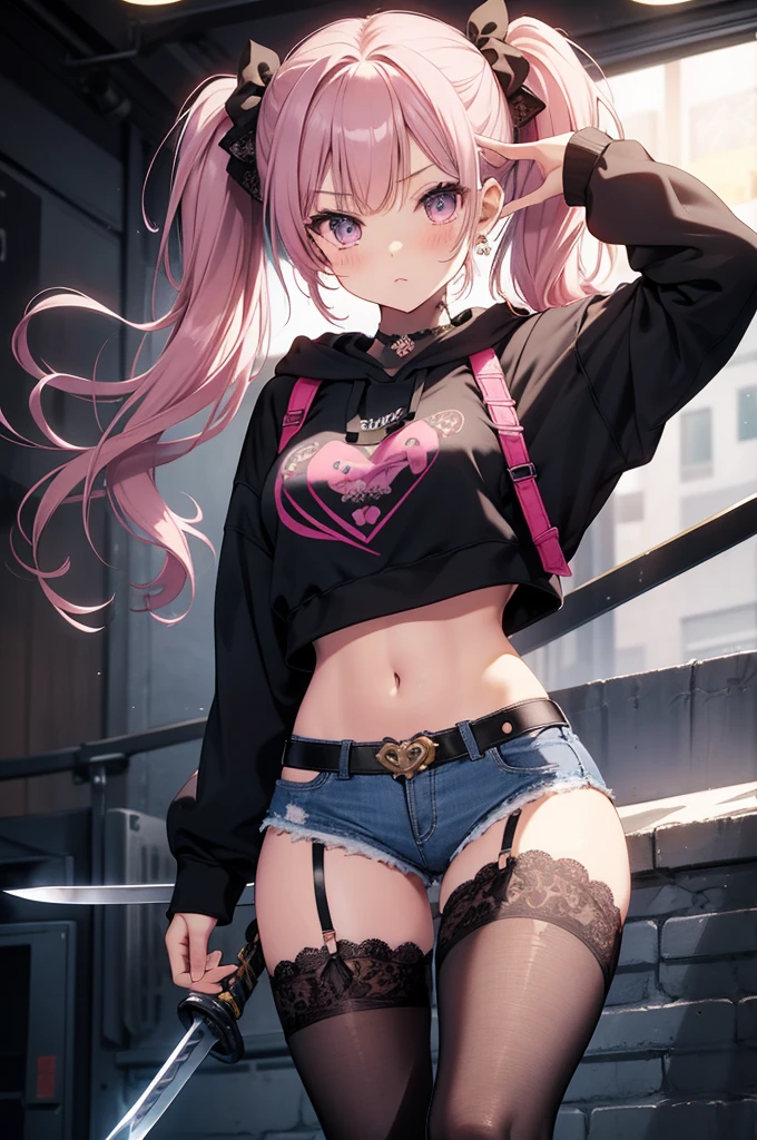 masterpiece, Highest quality, pretty girl, 16 , Scrunchie hair ornament, Twin tails,denim pencil mini skirt,hoodie, Patterned stockings, Leg belt, necklace, skinny , Pink and black sheer bra,((showing off lace panties)),sword,knife,Japan holding a sword,Underground community,Tattoo