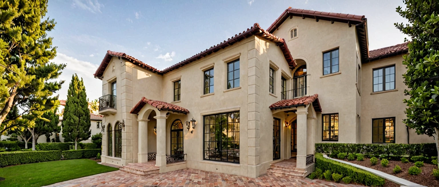 Red Tile Roof: Slightly curved.
Facade: Combination of stone (upper) and light beige stucco.
Windows and Shutters: Arched windows with green shutters.
Balconies: Small with wrought iron railings.
Symmetry: Central entrance, evenly spaced windows and doors.
Landscaping: Manicured bushes, tall cypress trees, large potted plants.
Entrance: Grand steps with potted plants.
Outdoor Spaces: Seamless indoor-outdoor transition, functional and aesthetic.