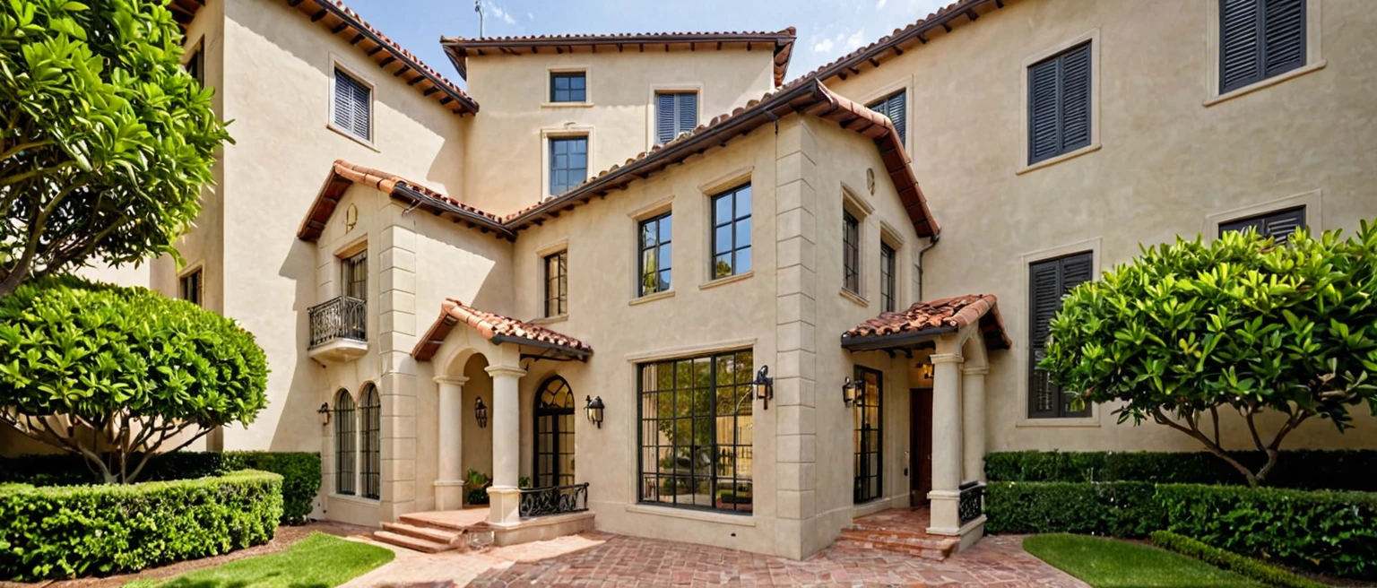 Red Tile Roof: Slightly curved.
Facade: Combination of stone (upper) and light beige stucco.
Windows and Shutters: Arched windows with green shutters.
Balconies: Small with wrought iron railings.
Symmetry: Central entrance, evenly spaced windows and doors.
Landscaping: Manicured bushes, tall cypress trees, large potted plants.
Entrance: Grand steps with potted plants.
Outdoor Spaces: Seamless indoor-outdoor transition, functional and aesthetic.