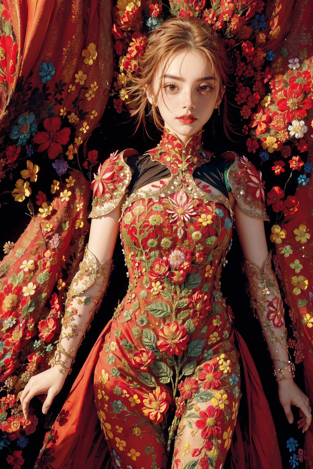 woman, flower dress, colorful, darl background,flower armor,red theme,