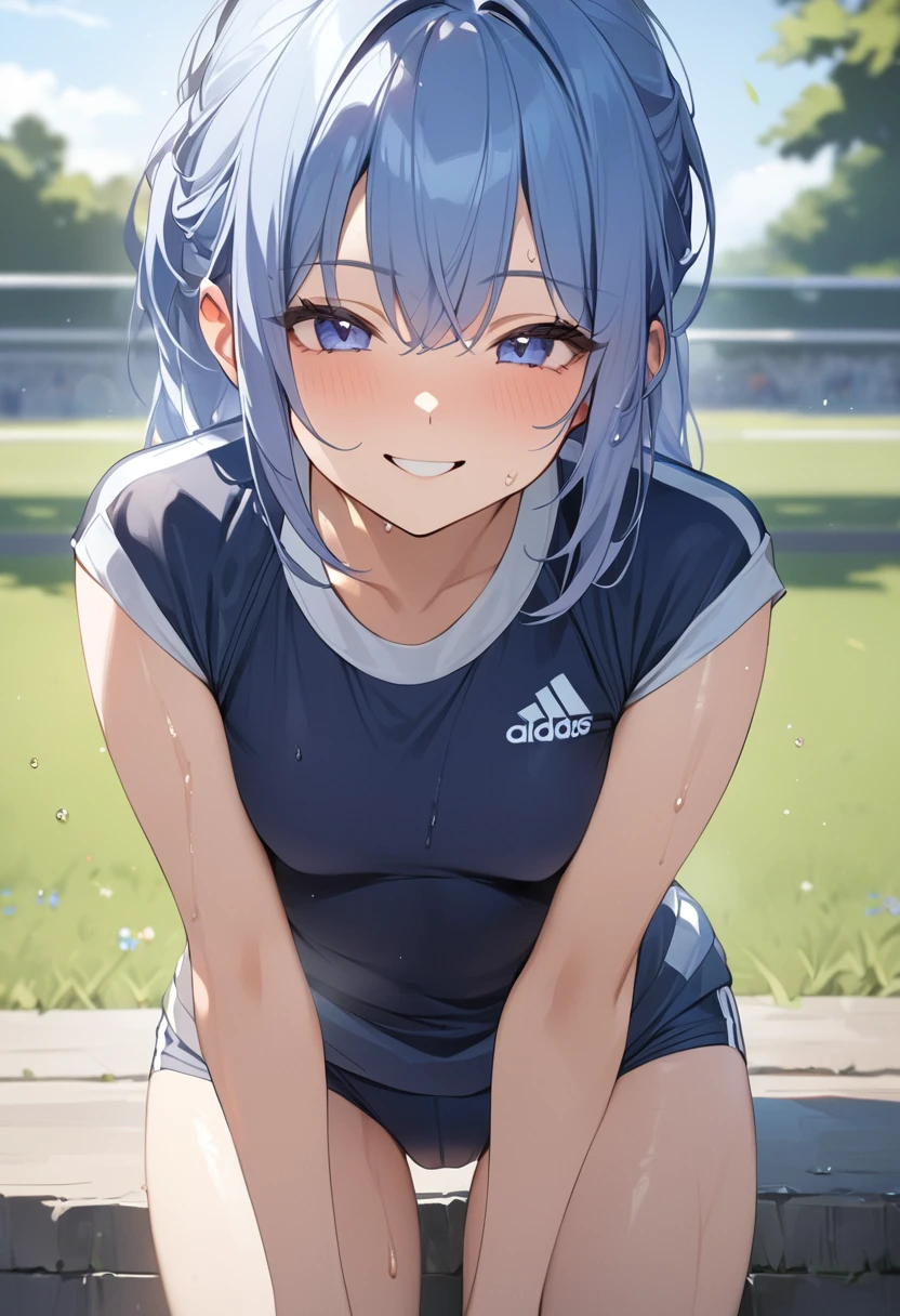 ((One girl)), masterpiece,Highest quality,High resolution、17 years old、cute、Sweat、Gym suit、Round Neck Shirt、No sleeve、Tight fit、Sportswear、smile、Small breasts、Outdoor、Blue Hair
