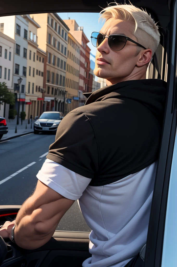 masterpiece, best quality, photo taken from canvas, which depicts 22-year-old the men is platinum blond, gorgeous, attractive, with a neckline, in a black hoodie, (bad guy) (short haircut) (long platinum hair), ((black sunglasses)) driving down the street in a BMW, he is driving and looking straight at his love, who is standing on the sidewalk and looking back at him. The pictures was taken from the sidewalk. blonde-men