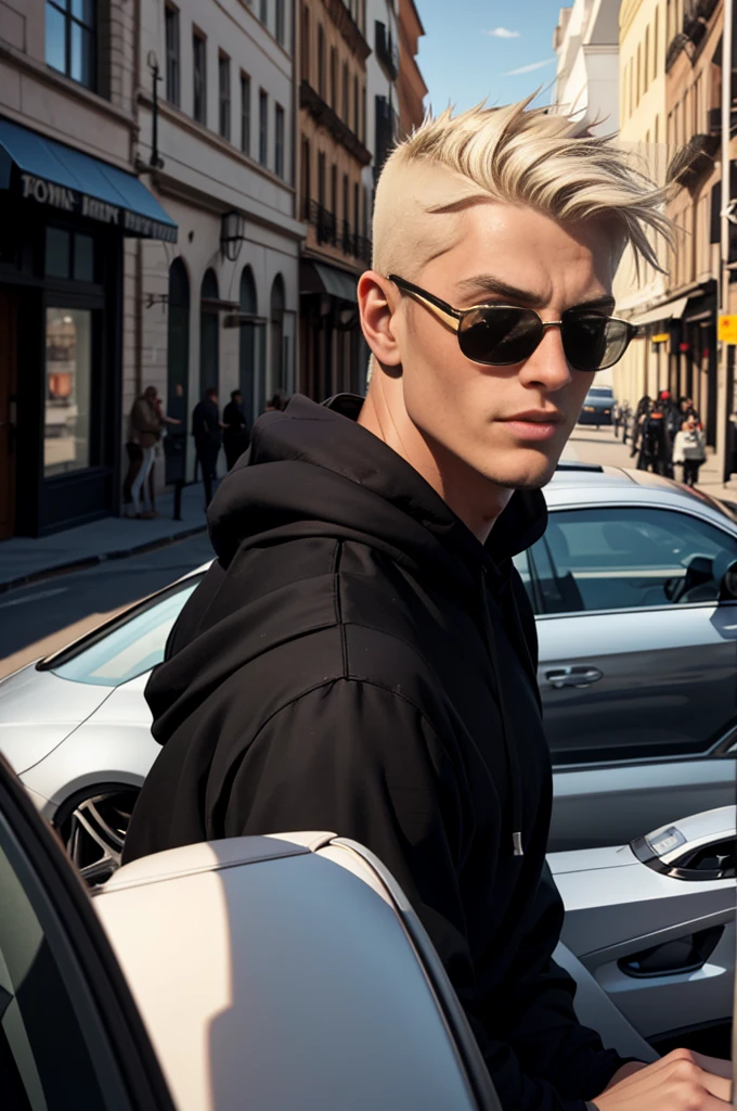 masterpiece, best quality, photo taken from canvas, which depicts 22-year-old the men is platinum blond, gorgeous, attractive, with a neckline, in a black hoodie, (bad guy) (short haircut) (long platinum hair), ((black sunglasses)) driving down the street in a BMW, he is driving and looking straight at his love, who is standing on the sidewalk and looking back at him. The pictures was taken from the sidewalk. blonde-men