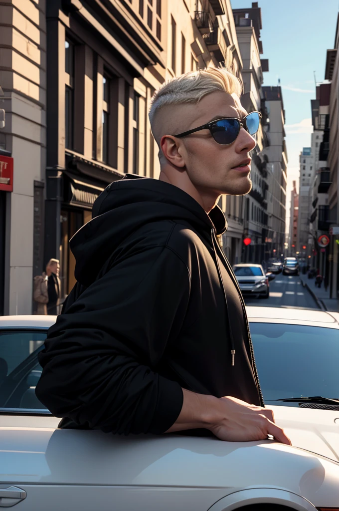 masterpiece, best quality, photo taken from canvas, which depicts 22-year-old the men is platinum blond, gorgeous, attractive, with a neckline, in a black hoodie, (bad guy) (short haircut) (long platinum hair), ((black sunglasses)) driving down the street in a BMW, he is driving and looking straight at his love, who is standing on the sidewalk and looking back at him. The pictures was taken from the sidewalk. blonde-men