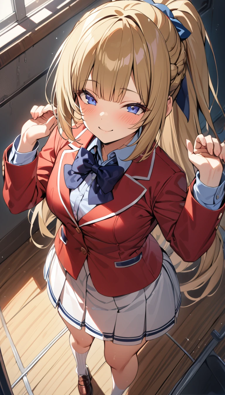 masterpiece, best quality, highres, ponytail hair, (single braid:1.2), hair ribbon, red jacket,buttoned blazer, blue bowtie, long sleeves, white skirt,socks,leather shoes, standing ,t-pose,smile ,closed mouse face, from above,in classroom