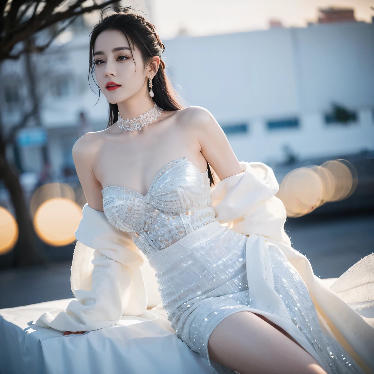 ((top quality、8k、Masterpiece:1.3))、Extremely delicate and beautiful girl,full-body shot,huge breasts,bigger breasts,amazing breast size,G cup。Wear big earrings,Very white skin,moist red lips,Waist is very thin,Thighs are very thin,big butt,fair and smooth skin,Smooth and fair skin,flawless skin,Fair and shiny skin,cold white skin,The camera focuses on the chest,Bright light,White tube top dress,bare shoulders,white hair,hair is white,heavy snow,snow mountain,sunset,Rizhao Jinshan,happy