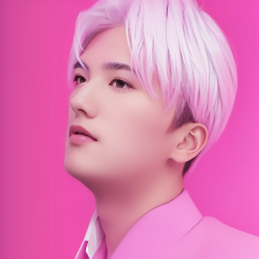 The man in the picture has white hair, pink skin, and is wearing a full suit.