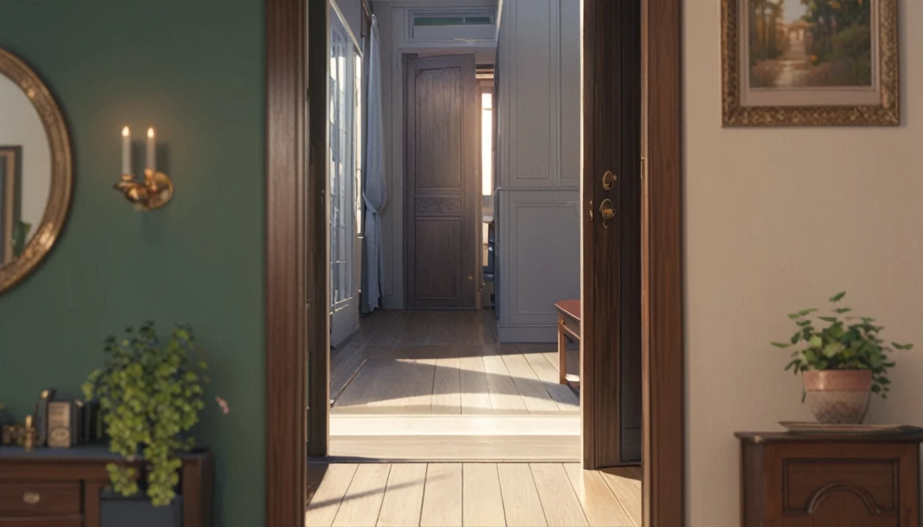 (best quality, 4k, 8K, high resolution, masterpiece: 1.2), Very detailed, (nobody: 1.5), Outside the door,Open door, indoor,cozy indoor, lamp, bookshelf, Potted plants