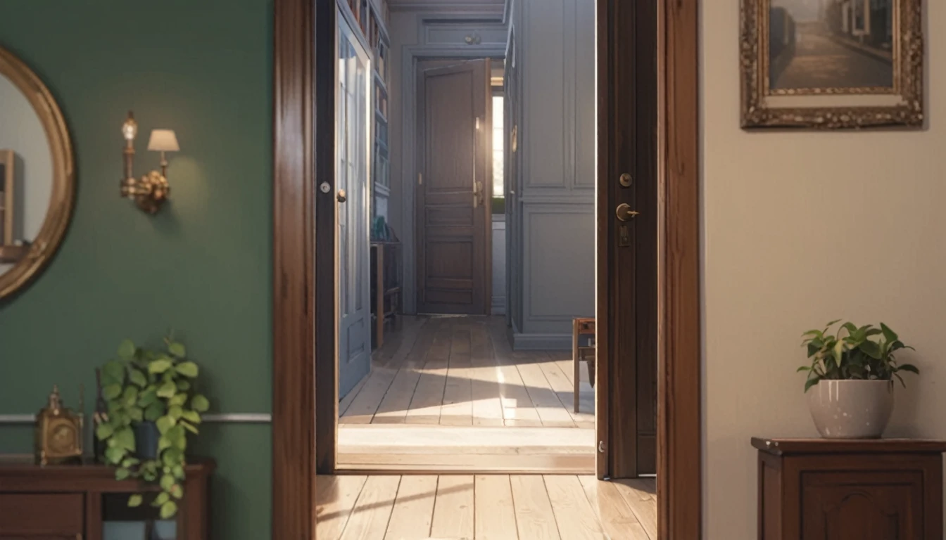(best quality, 4k, 8K, high resolution, masterpiece: 1.2), Very detailed, (nobody: 1.5), Outside the door，Open door， indoor，cozy indoor, lamp, bookshelf, Potted plants