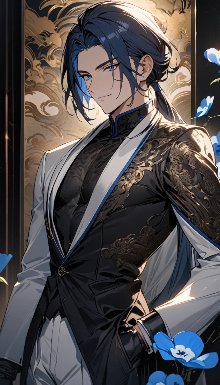 (masterpiece:1.5),best quality,(1 Handsome man),alone,white medium length hair,Low ponytail,(blue eyes), (A soft smile),elegant,perfect face,Fantasy Chinese style,Long black trench coat,white and blue cloth,Complex clothing design with Chinese elements,Black leather gloves,white lining,White suit pants,Slightly muscular body,High,8K,Beautiful contrast of light and shadow,Dark luxury background,(complete upper body),Positive face,((Nemophila)),luxury screen,blue flowers