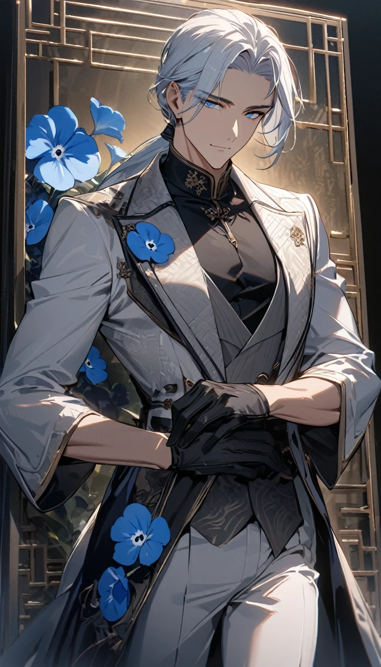 (masterpiece:1.5),best quality,(1 Handsome man),alone,white medium length hair,Low ponytail,(blue eyes), (A soft smile),elegant,perfect face,Fantasy Chinese style,Long black trench coat,white and blue cloth,Complex clothing design with Chinese elements,Black leather gloves,white lining,White suit pants,Slightly muscular body,High,8K,Beautiful contrast of light and shadow,Dark luxury background,(complete upper body),Positive face,((Nemophila)),luxury screen,blue flowers