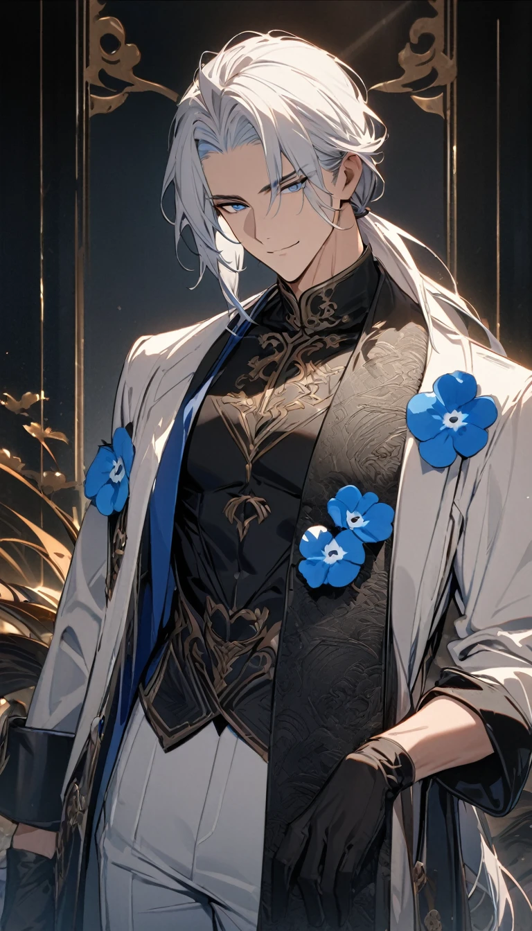 (masterpiece:1.5),best quality,(1 Handsome man),alone,white medium length hair,Low ponytail,(blue eyes), (A soft smile),elegant,perfect face,Fantasy Chinese style,Long black trench coat,white and blue cloth,Complex clothing design with Chinese elements,Black leather gloves,white lining,White suit pants,Slightly muscular body,High,8K,Beautiful contrast of light and shadow,Dark luxury background,(complete upper body),Positive face,((Nemophila)),luxury screen,blue flowers