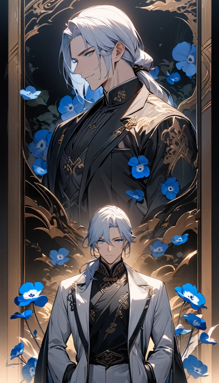 (masterpiece:1.5)，best quality，(1 Handsome man)，alone，white medium length hair，Low ponytail，(blue eyes), (A soft smile)，elegant，perfect face，Fantasy Chinese style，Long black trench coat，white and blue cloth，Complex clothing design with Chinese elements，Black leather gloves，white lining，White suit pants，Slightly muscular body，High，8K，Beautiful contrast of light and shadow，Dark luxury background，(complete upper body)，Positive face，((Nemophila))，luxury screen，blue flowers