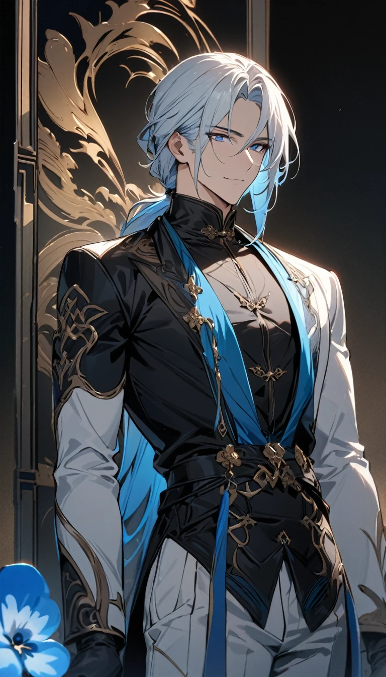 (masterpiece:1.5)，best quality，(1 Handsome man)，alone，white medium length hair，Low ponytail，(blue eyes), (A soft smile)，elegant，perfect face，Fantasy Chinese style，Long black trench coat，white and blue cloth，Complex clothing design with Chinese elements，Black leather gloves，white lining，White suit pants，Slightly muscular body，High，8K，Beautiful contrast of light and shadow，Dark luxury background，(complete upper body)，Positive face，((Nemophila))，luxury screen，blue flowers