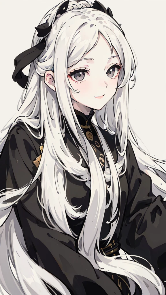 Woman , long wavy white hair, long wavy white hair, long wavy hair, long wavy hair, black eyes, black eyes, FOV, f1.8, masterpiece, front portrait shot, black and white casual modern clothing, plain black and white colored background, close up, smiling