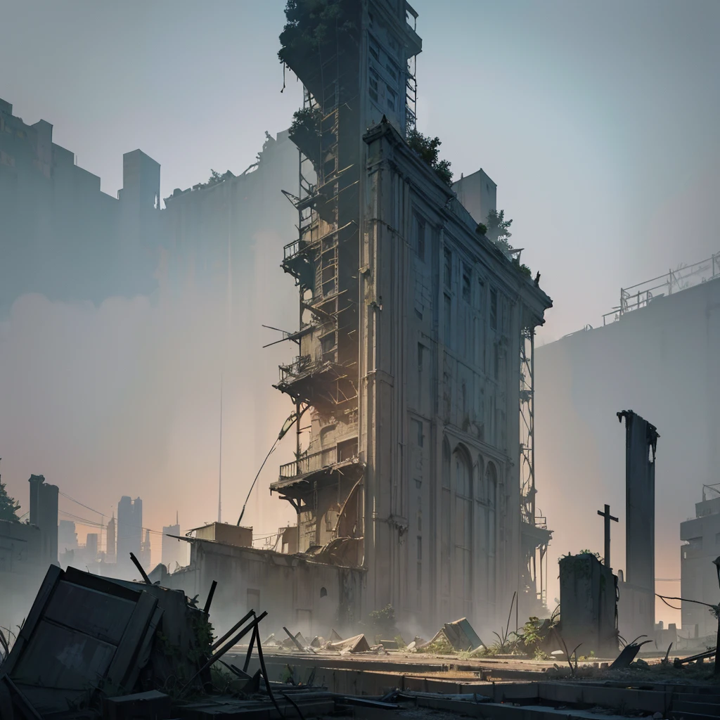 detailed ruined city, old abandoned city, decaying urban landscape, overgrown with vegetation, crumbling buildings, weathered architecture, sunlit ruins, atmospheric lighting, dramatic shadows, moody tones, cinematic composition, realistic textures, intricate details, (best quality,4k,8k,highres,masterpiece:1.2),ultra-detailed,(realistic,photorealistic,photo-realistic:1.37),cinematic,dramatic lighting,muted colors,dramatic angles,sense of scale,decaying beauty,weathered surfaces