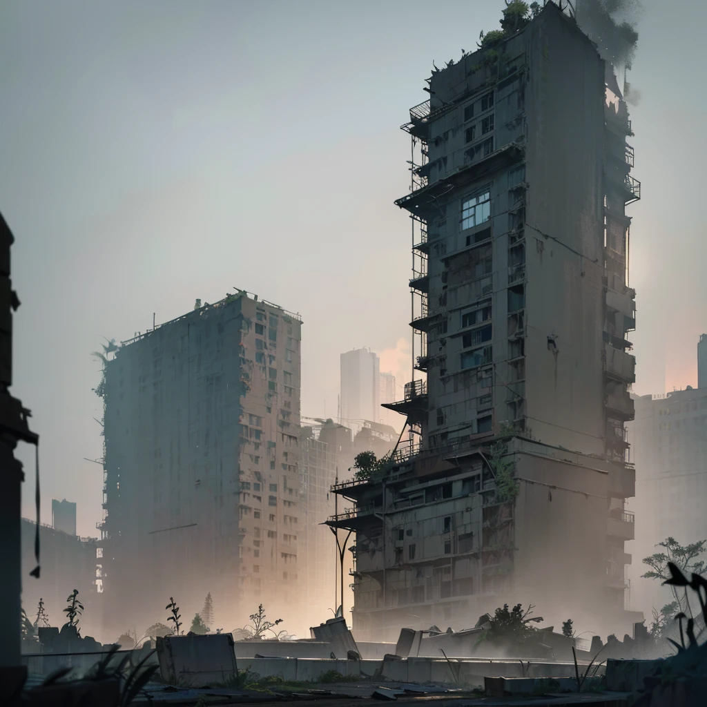 detailed ruined city, old abandoned city, decaying urban landscape, overgrown with vegetation, crumbling buildings, weathered architecture, sunlit ruins, atmospheric lighting, dramatic shadows, moody tones, cinematic composition, realistic textures, intricate details, (best quality,4k,8k,highres,masterpiece:1.2),ultra-detailed,(realistic,photorealistic,photo-realistic:1.37),cinematic,dramatic lighting,muted colors,dramatic angles,sense of scale,decaying beauty,weathered surfaces