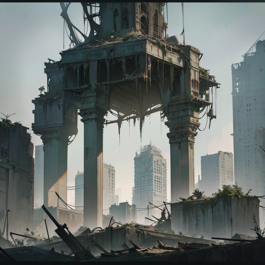detailed ruined city, old abandoned city, decaying urban landscape, overgrown with vegetation, crumbling buildings, weathered architecture, sunlit ruins, atmospheric lighting, dramatic shadows, moody tones, cinematic composition, realistic textures, intricate details, (best quality,4k,8k,highres,masterpiece:1.2),ultra-detailed,(realistic,photorealistic,photo-realistic:1.37),cinematic,dramatic lighting,muted colors,dramatic angles,sense of scale,decaying beauty,weathered surfaces