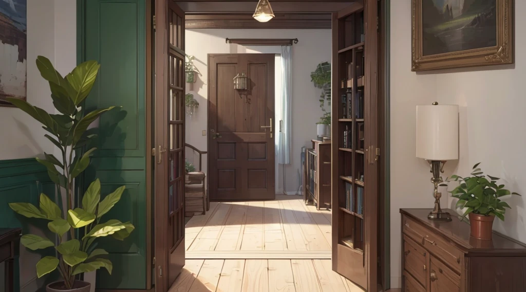 (best quality, 4k, 8K, high resolution, masterpiece: 1.2), Very detailed, (nobody: 1.5), Outside the door，Open door， indoor，cozy indoor, lamp, bookshelf, Potted plants