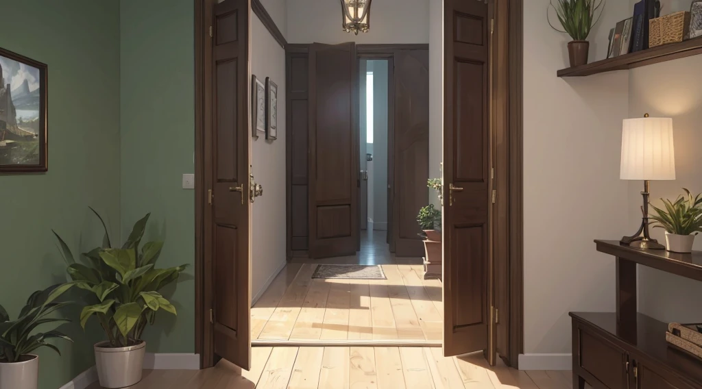 (best quality, 4k, 8K, high resolution, masterpiece: 1.2), Very detailed, (nobody: 1.5), Outside the door，Open door， indoor，cozy indoor, lamp, bookshelf, Potted plants