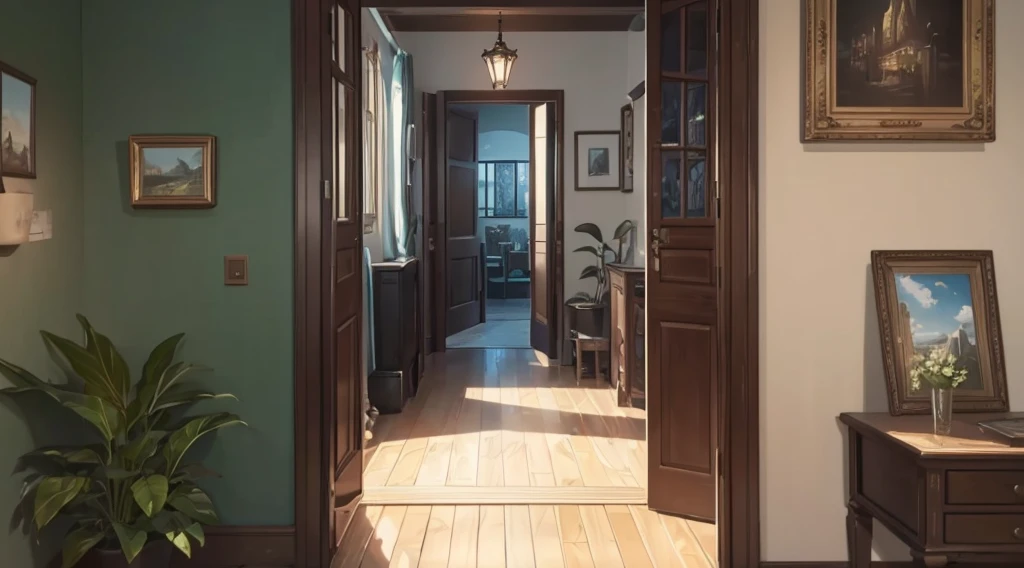 (best quality, 4k, 8K, high resolution, masterpiece: 1.2), Very detailed, (nobody: 1.5), Outside the door，Open door， indoor，cozy indoor, lamp, bookshelf, Potted plants