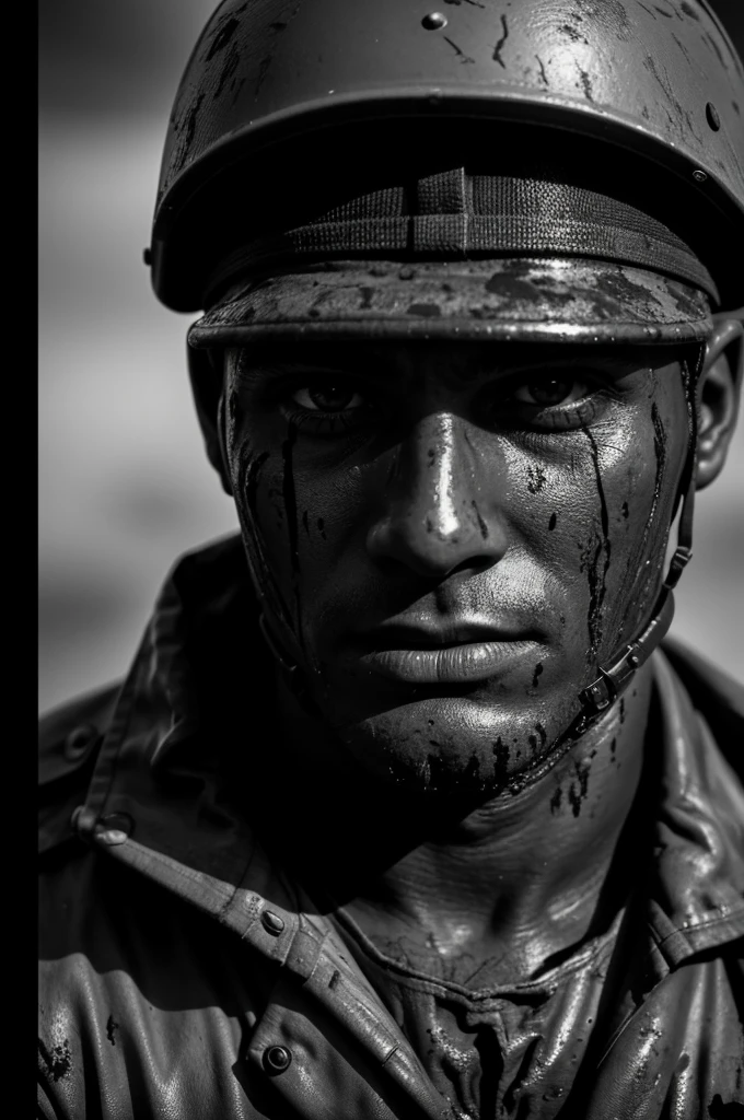 black and white photo of male soldier at war whose eyes look hopeless His face was covered in blood and mud. A few tears came out.