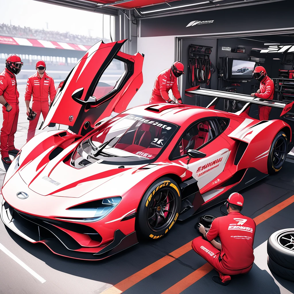 a highly detailed
digital CG concept art of a futuristic racing car, , pit crew 3members, (pit crew changing tires and refuelin1.5), gull wing doors, open the driver's door,(two-tonecolor scheme of pink and white1.2), sponsor logos, (best quality,4k,8k,highres,masterpiece:1.2),ultra-detailed,vivid colors,physically-based rendering,extreme detail description,professional