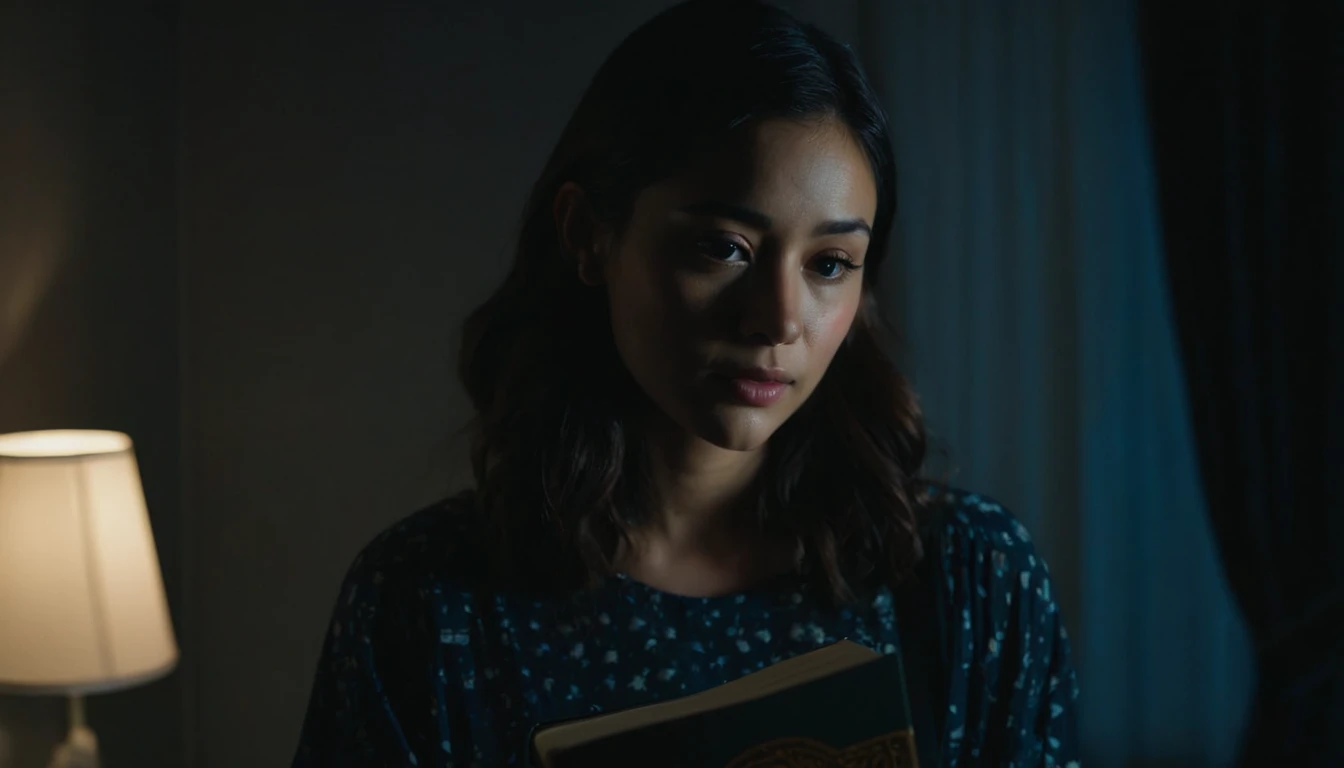 A detailed image of a woman in her 20s, holding a book, in a dark room during late at night, taken with a cinematic camera, using portrait with cinematic lighting --ar 16:9 --s 1000 --v 6