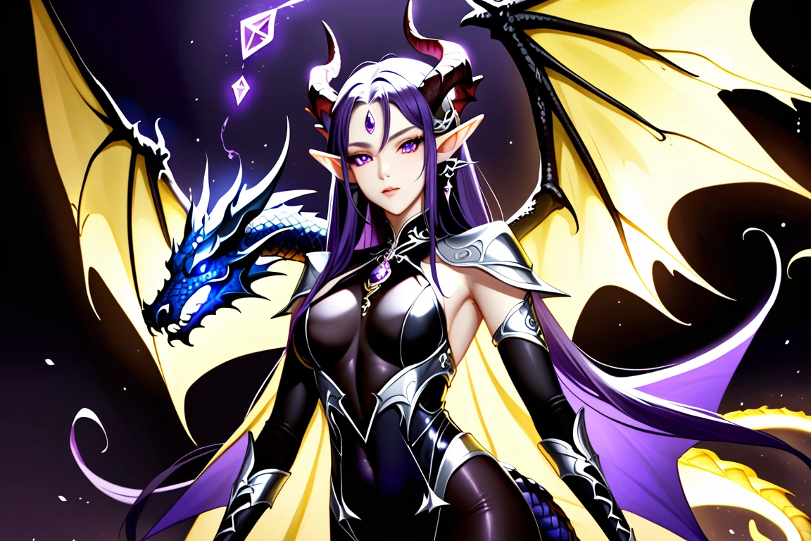 A gorgeous elf with dark dragon element, dark dragon horns and wings, yellow snake eyes, Wearing sleek and form-fitting black bodysuit with intricate silver decoration, Long and dark purple flowing hair, element of dragon scales, element of dragon runes,