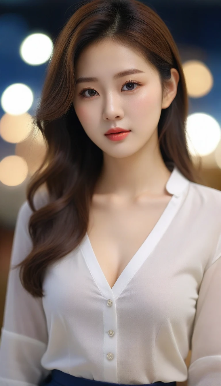 Close up of beautiful Korean woman, 34 inch chest size, wearing a long-sleeved shirt, skirt, Indoors, bokeh background, night, UHD