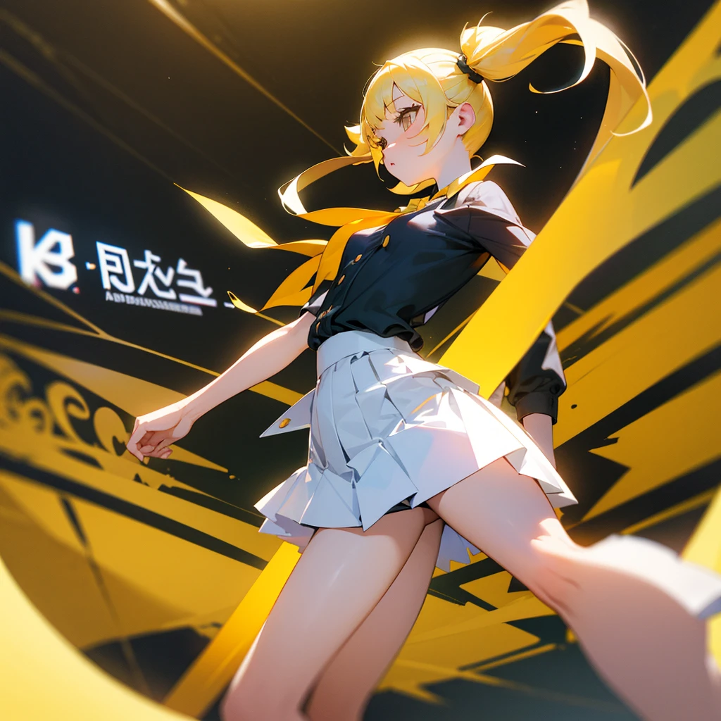 girl in a very short skirt, yellow, волосами Twin Tail, full height, 3D wallpaper.